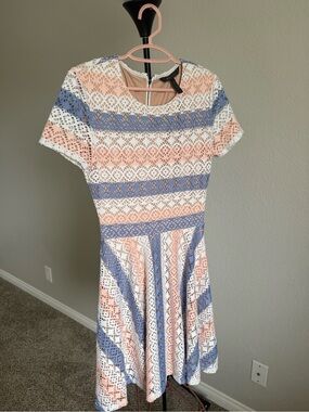 Bcbg Maxazria Lace-Trim Fit & Flare Dress in Blush Pink and Dusty Blue size XS